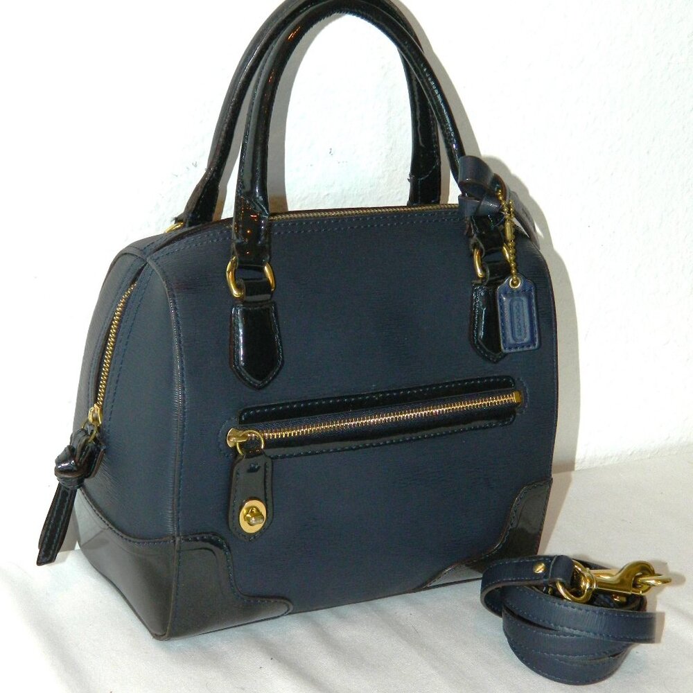 Coach Navy Textured Patent Leather Boston Bag